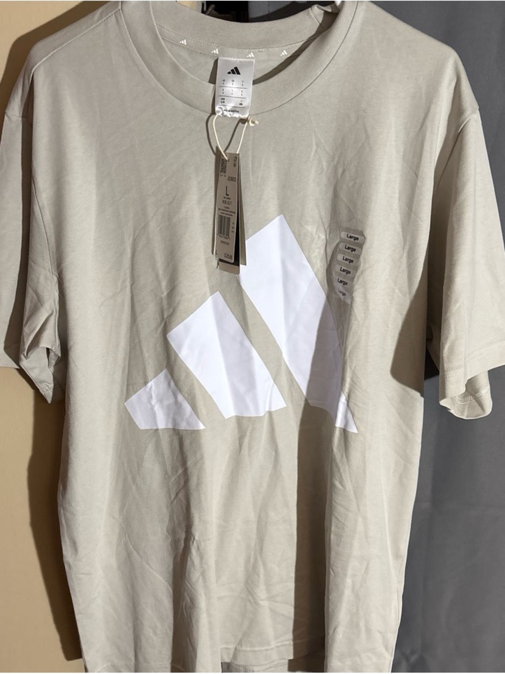 adidas Men's Beige Short Sleeve Tee with White Trefoil Graphic